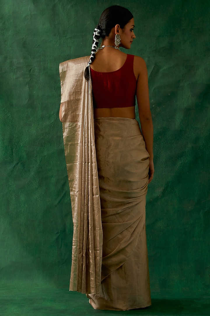 Pink-Silver Handcrafted Katan Silk Zari Festive Saree Set by Vinusto at Pernia's Pop Up Shop