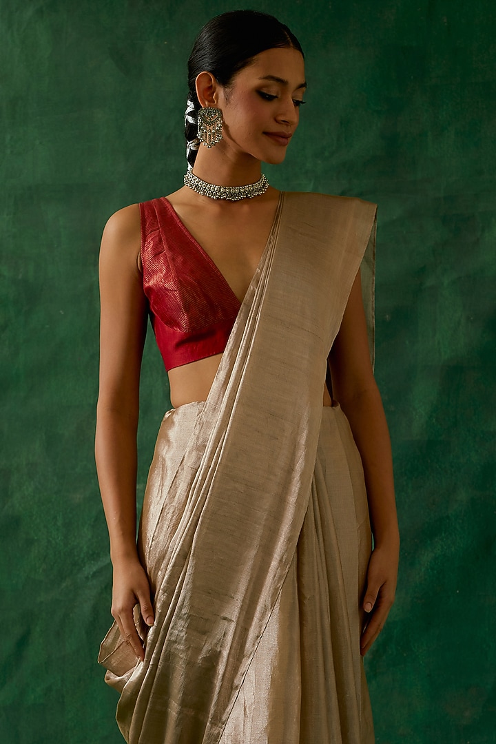 Pink-Silver Handcrafted Katan Silk Zari Festive Saree Set by Vinusto at Pernia's Pop Up Shop