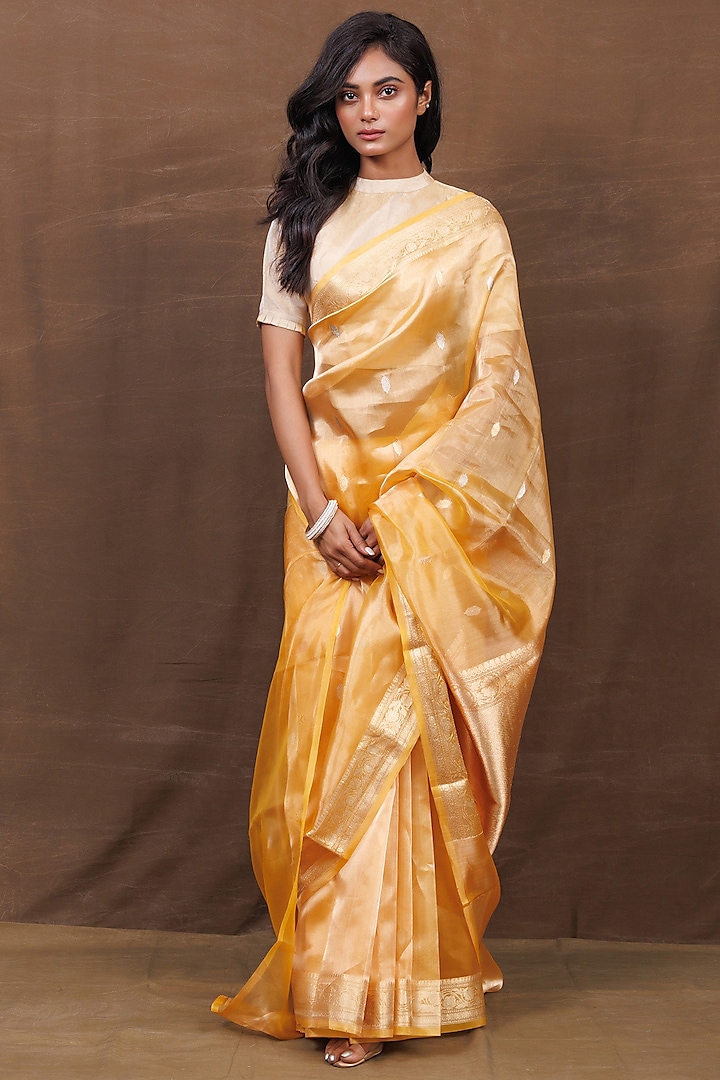 Mango Yellow Pure Silk Banarasi Handwoven Saree by VISHWA