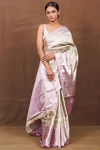 Silver Pure Silk Kanjeevaram Handwoven Saree by VISHWA