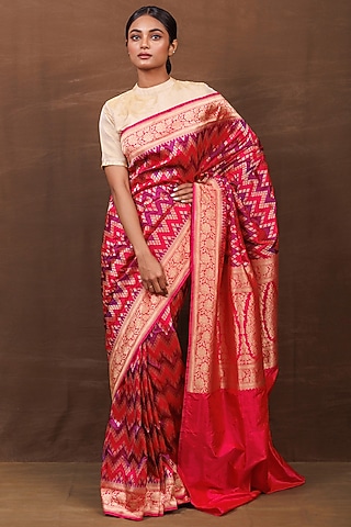 Pink Muga Silk Banarasi Handwoven Saree by VISHWA