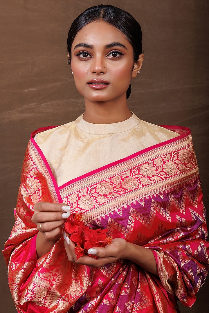 Pink Muga Silk Banarasi Handwoven Wedding Saree by VISHWA at Pernia's Pop Up Shop
