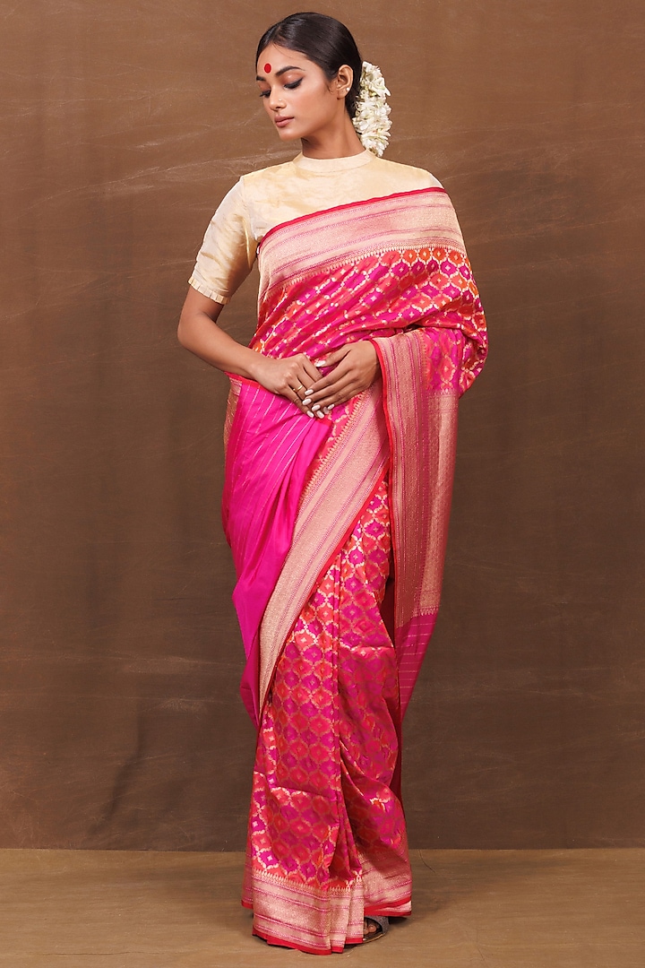 Pink & Orange Silk Banarasi Handwoven Saree by VISHWA