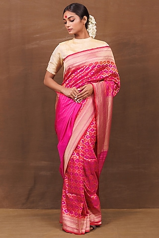 Pink & Orange Silk Banarasi Handwoven Saree by VISHWA