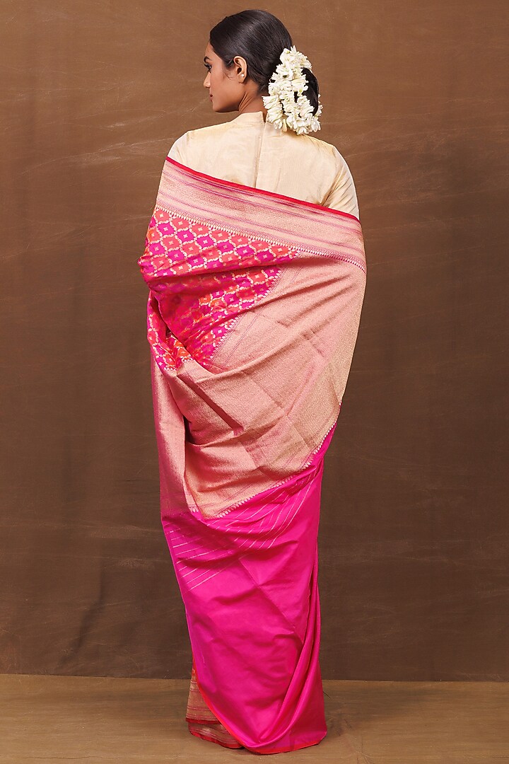 Pink & Orange Silk Banarasi Handwoven Wedding Saree by VISHWA at Pernia's Pop Up Shop