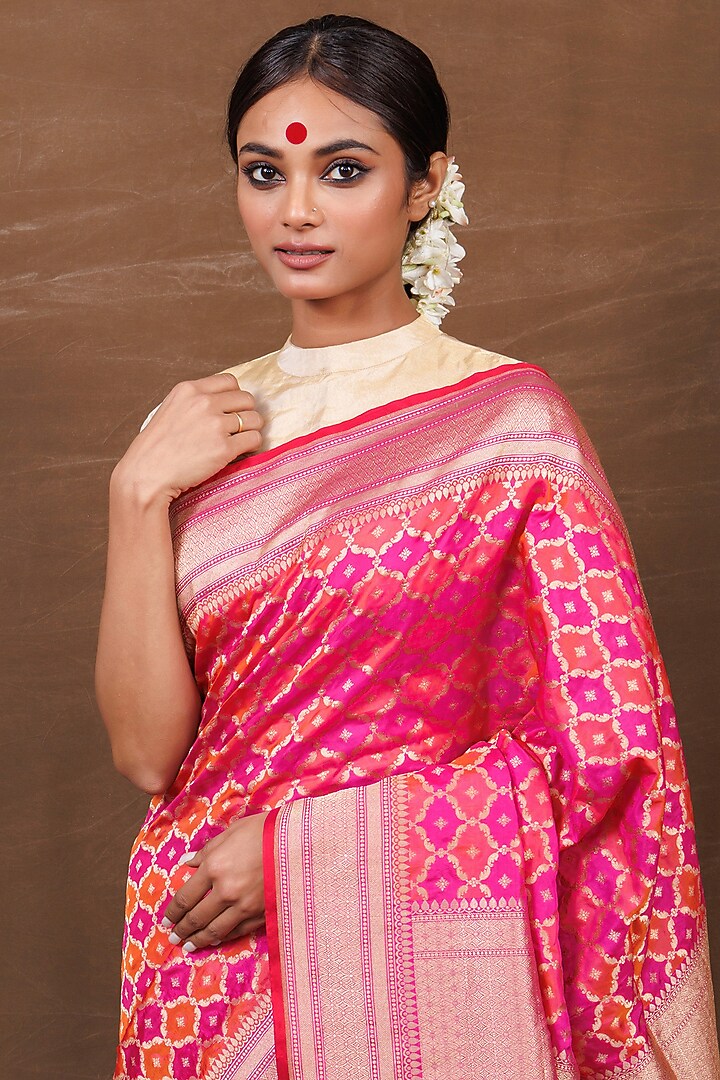 Pink & Orange Silk Banarasi Handwoven Wedding Saree by VISHWA at Pernia's Pop Up Shop