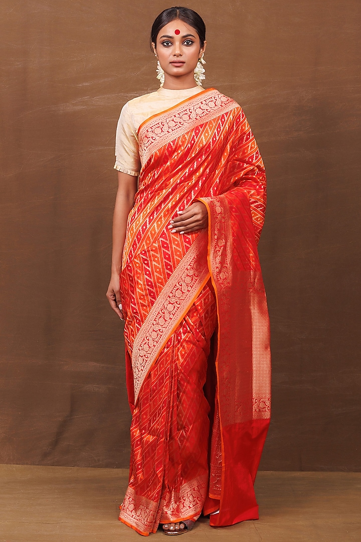 Red & Orange Pure Silk Banarasi Handwoven Saree by VISHWA