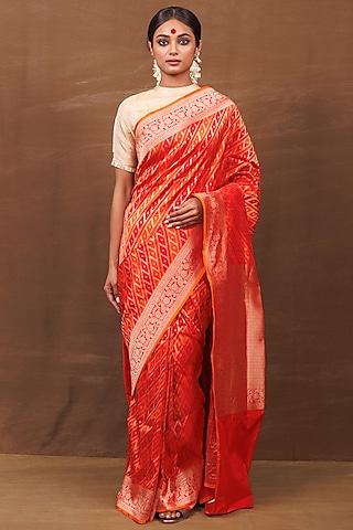 Red & Orange Pure Silk Banarasi Handwoven Saree by VISHWA