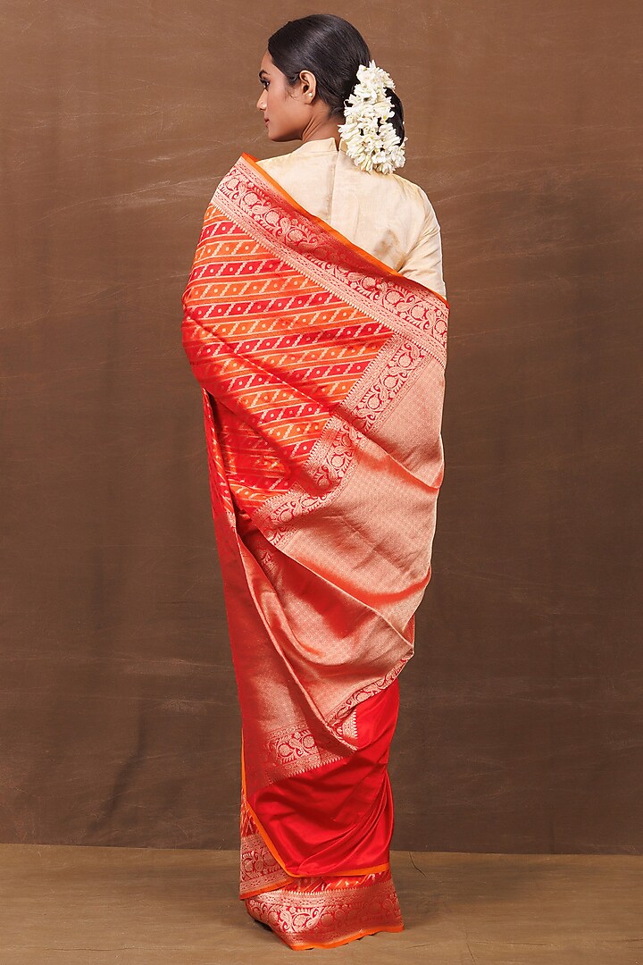 Red & Orange Pure Silk Banarasi Handwoven Wedding Saree by VISHWA at Pernia's Pop Up Shop
