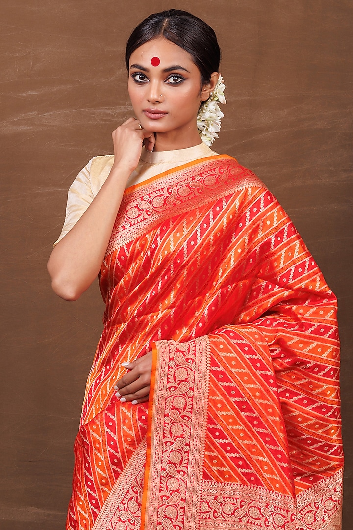 Red & Orange Pure Silk Banarasi Handwoven Wedding Saree by VISHWA at Pernia's Pop Up Shop