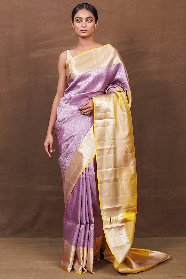 Lavender Muga Silk Kanjeevaram Handwoven Saree by VISHWA