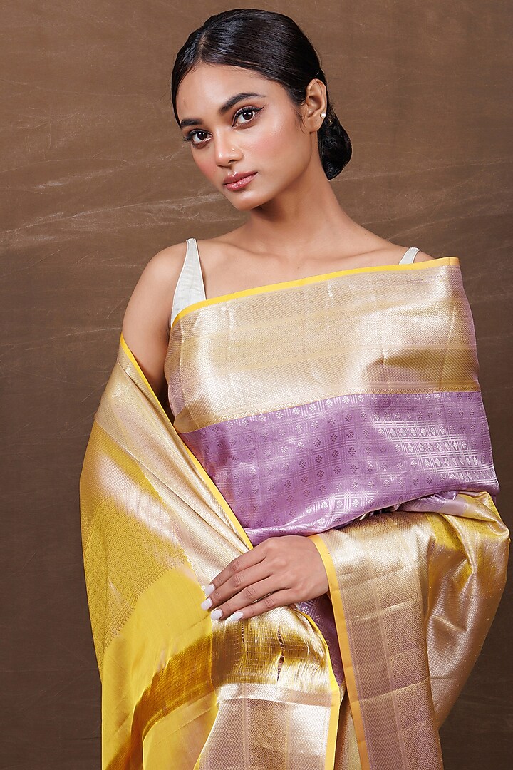 Lavender Muga Silk Kanjeevaram Handwoven Wedding Saree by VISHWA at Pernia's Pop Up Shop