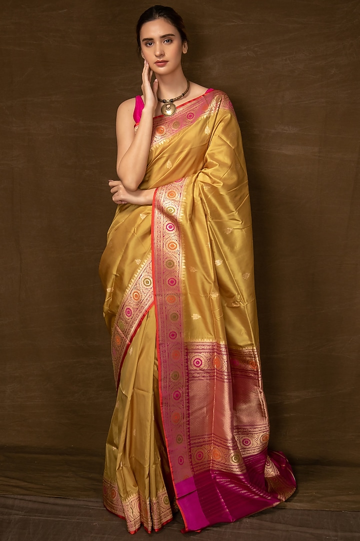 Olive Green Pure Silk Banarasi Handwoven Wedding Saree by VISHWA at Pernia's Pop Up Shop