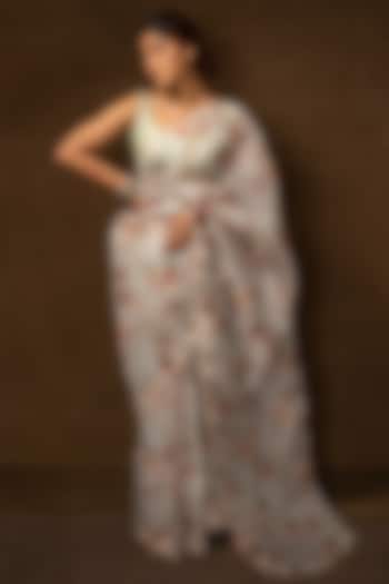 Silver Kora Silk Digital Printed Party Wear Saree by VISHWA at Pernia's Pop Up Shop