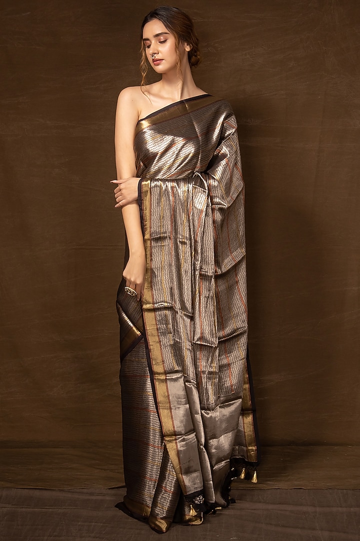 Silver Pure Silk Banarasi Handwoven Wedding Saree by VISHWA at Pernia's Pop Up Shop