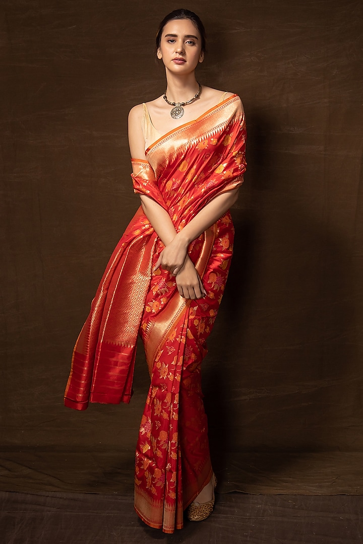 Red-Orange Pure Silk Floral Handwoven Banarasi Saree by VISHWA