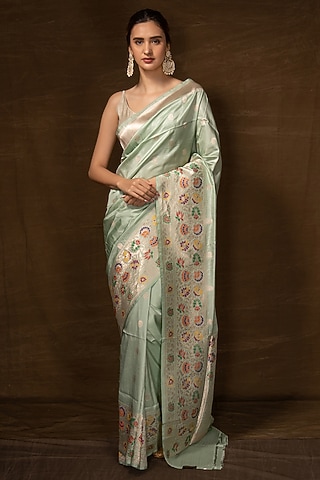 Ferozi Blue Silk Handwoven Banarasi Saree by VISHWA