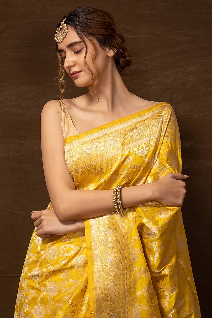 Yellow Silk Handwoven Banarasi Wedding Saree by VISHWA at Pernia's Pop Up Shop