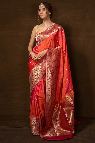 Orange Muga Silk Handwoven Banarasi Saree by VISHWA