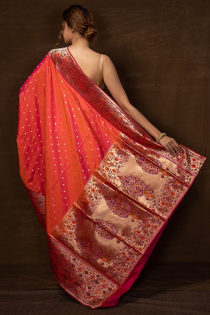 Orange Muga Silk Handwoven Banarasi Wedding Saree by VISHWA at Pernia's Pop Up Shop