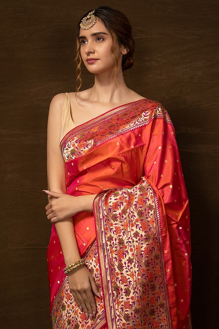Orange Muga Silk Handwoven Banarasi Wedding Saree by VISHWA at Pernia's Pop Up Shop