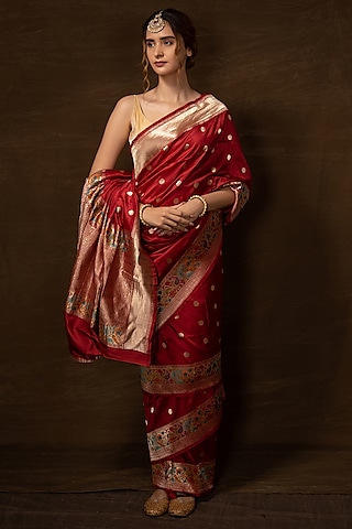 Maroon Pure Silk Handwoven Banarasi Saree by VISHWA