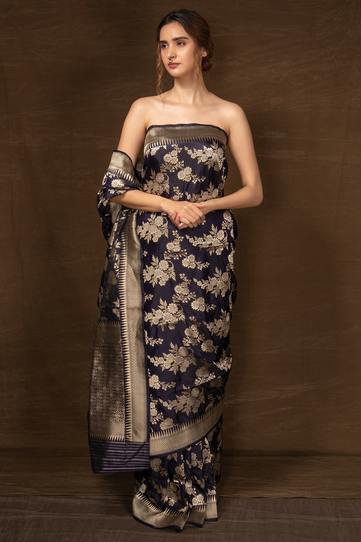 Prussian Blue Banarasi Katan Silk Saree with Chunri Buttis and Koniya