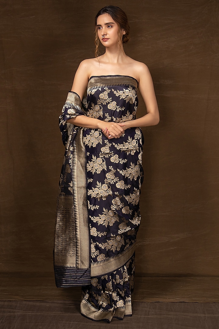 Dark Blue Pure Silk Handwoven Banarasi Saree by VISHWA