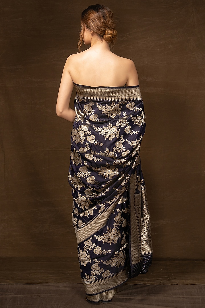 Dark Blue Pure Silk Handwoven Banarasi Wedding Saree by VISHWA at Pernia's Pop Up Shop