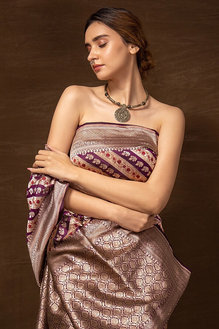 Purple Pure Silk Handwoven Banarasi Wedding Saree by VISHWA at Pernia's Pop Up Shop