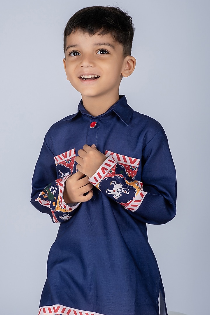 Blue Cotton Kurta Set For Boys by Vivedkids at Pernia's Pop Up Shop