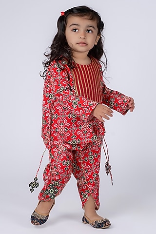 Red Cotton Dhoti Set For Girls by Vivedkids