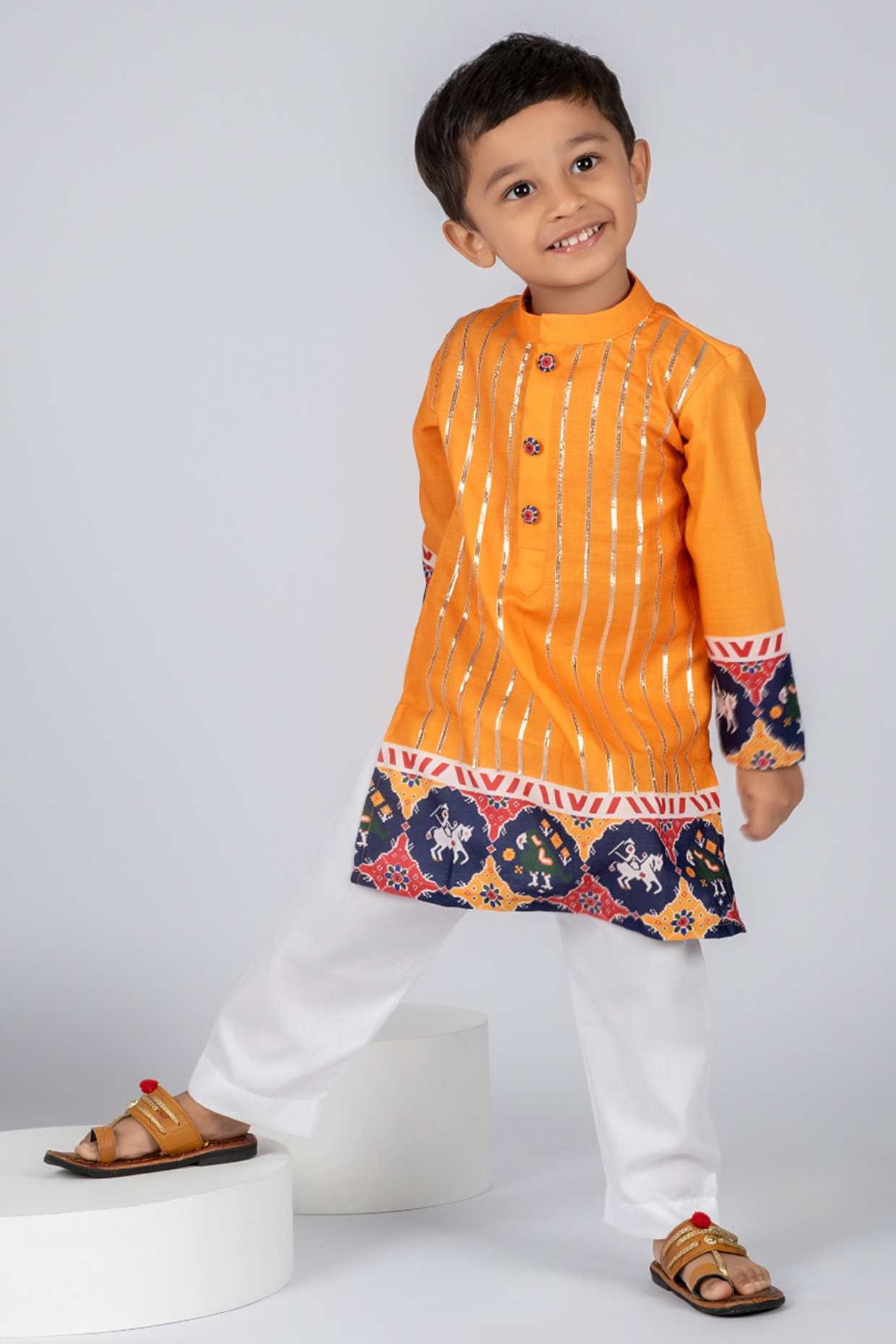 Yellow Cotton Kurta Set For Boys by Vivedkids