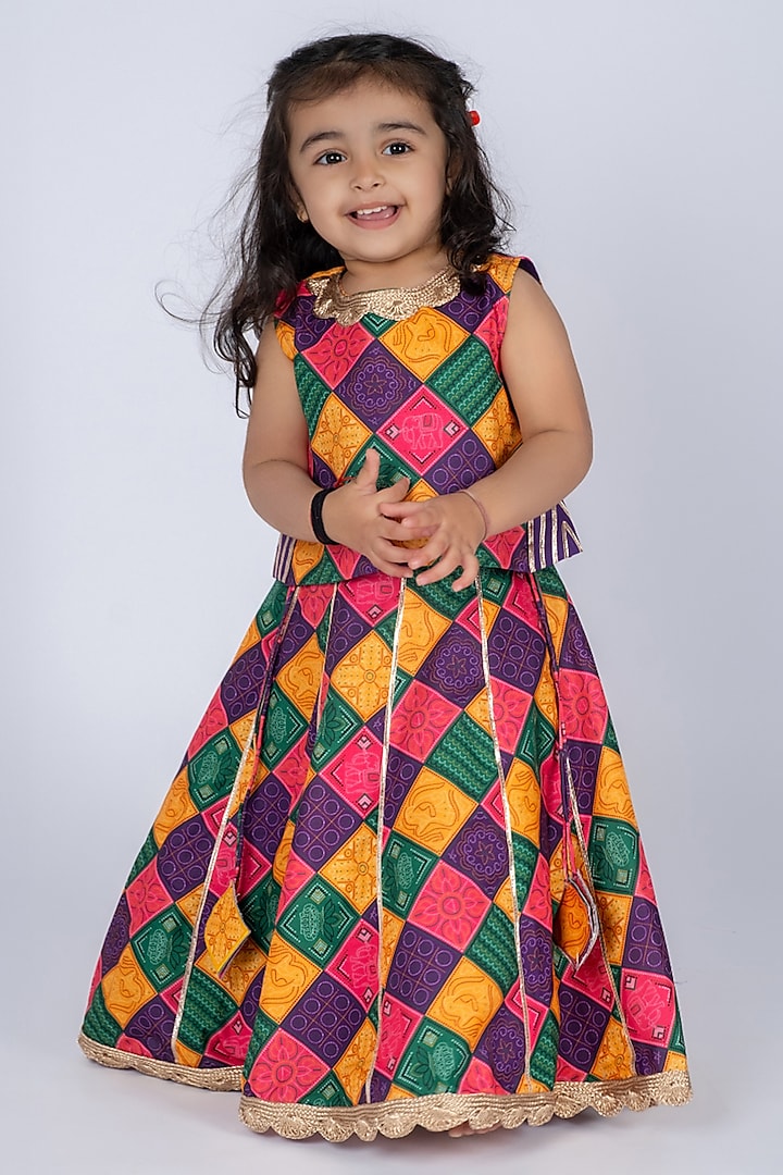 Multi-Colored Cotton Lehenga Set For Girls by Vivedkids at Pernia's Pop Up Shop