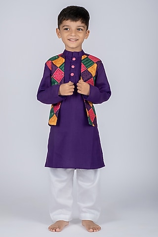 Multi-Colored Cotton Bandhani Kurta Set For Boys by Vivedkids