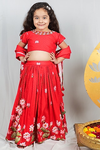 Red Crepe Printed & Embroidered Lehenga Set For Girls by Vivedkids