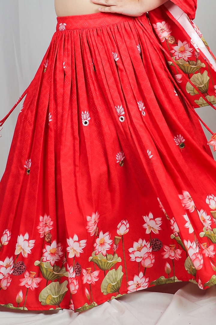 Red Crepe Printed & Embroidered Lehenga Set For Girls by Vivedkids at Pernia's Pop Up Shop