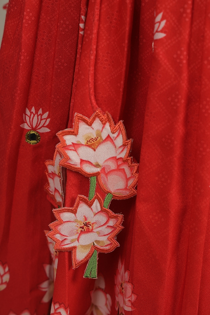 Red Crepe Printed & Embroidered Lehenga Set For Girls by Vivedkids at Pernia's Pop Up Shop