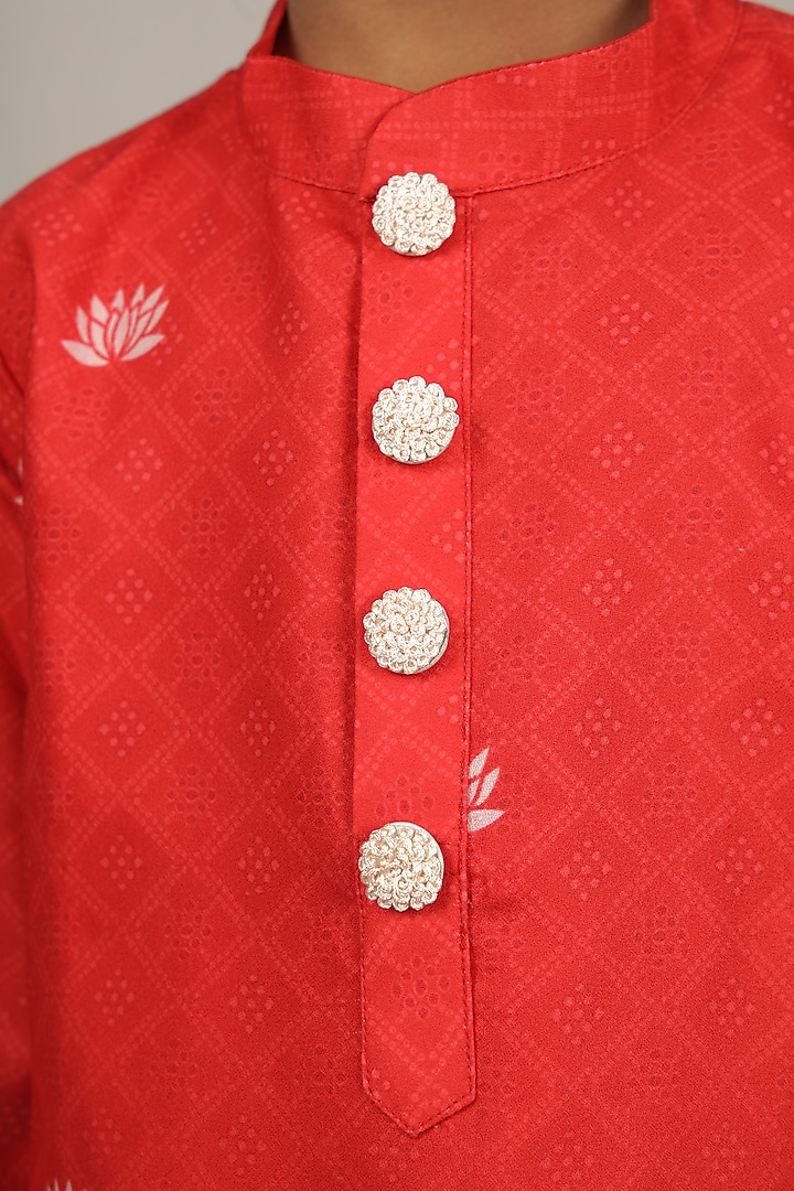 Red Crepe Hand Embroidered Kurta Set For Boys by Vivedkids at Pernia's Pop Up Shop