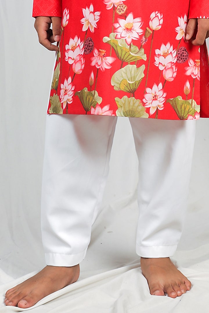 Red Crepe Hand Embroidered Kurta Set For Boys by Vivedkids at Pernia's Pop Up Shop
