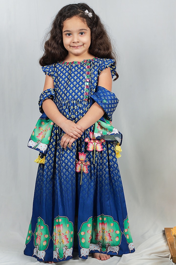 Blue Crepe Embroidered Angrakha Set For Girls by Vivedkids