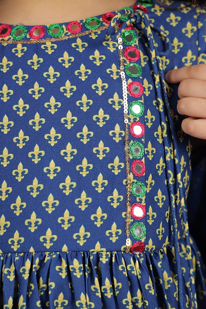 Blue Crepe Embroidered Angrakha Set For Girls by Vivedkids at Pernia's Pop Up Shop