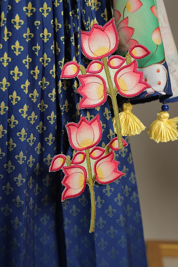 Blue Crepe Embroidered Angrakha Set For Girls by Vivedkids at Pernia's Pop Up Shop