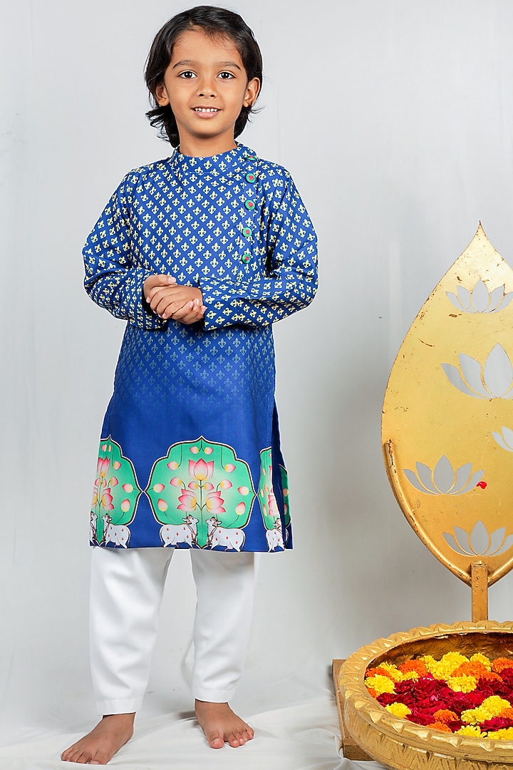 Blue Crepe Printed & Hand Embroidered Kurta Set For Boys by Vivedkids at Pernia's Pop Up Shop