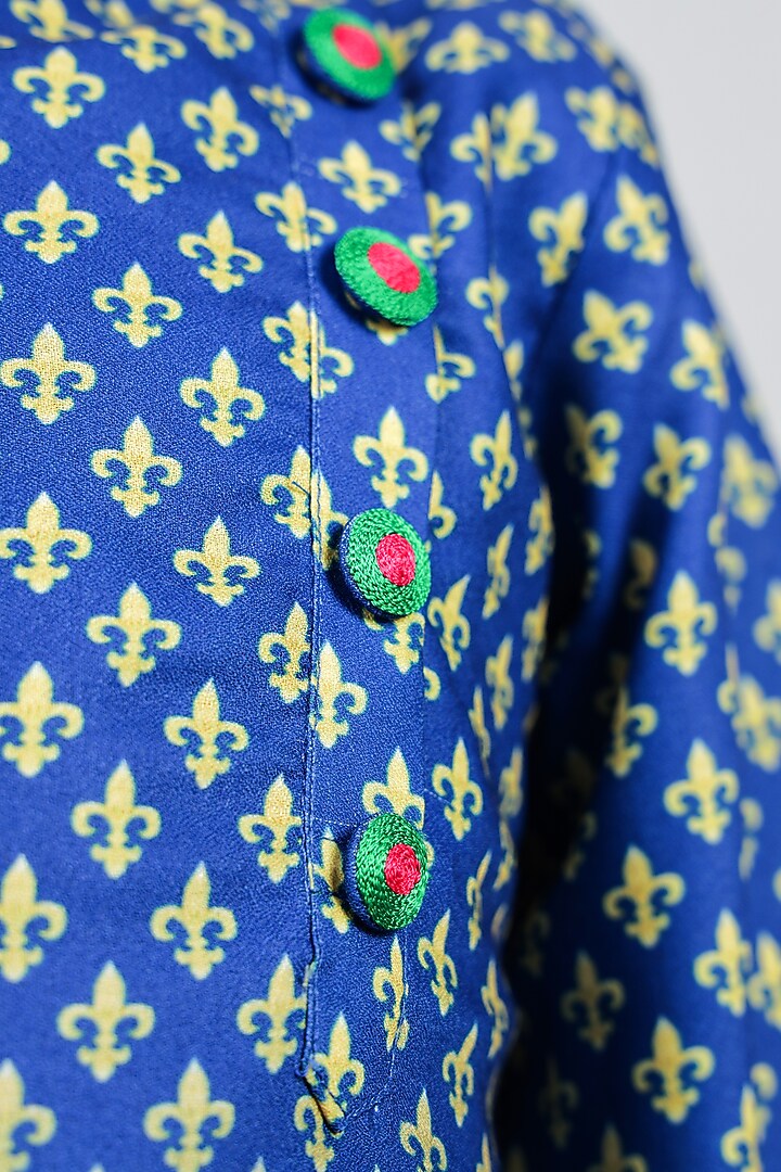 Blue Crepe Printed & Hand Embroidered Kurta Set For Boys by Vivedkids at Pernia's Pop Up Shop
