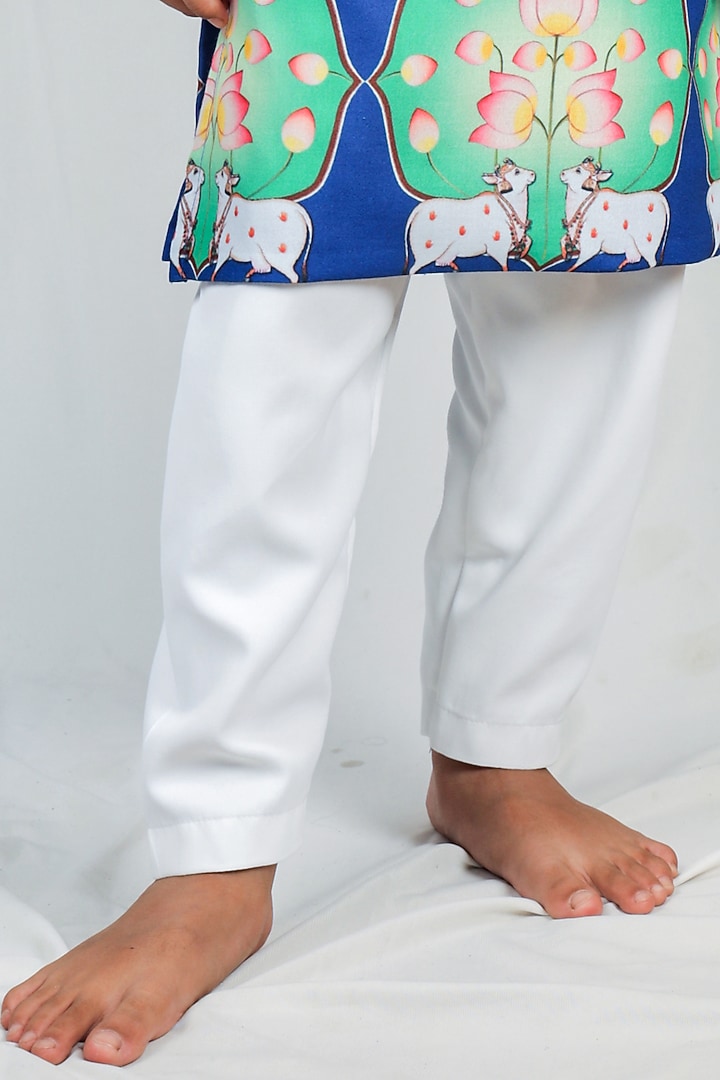 Blue Crepe Printed & Hand Embroidered Kurta Set For Boys by Vivedkids at Pernia's Pop Up Shop