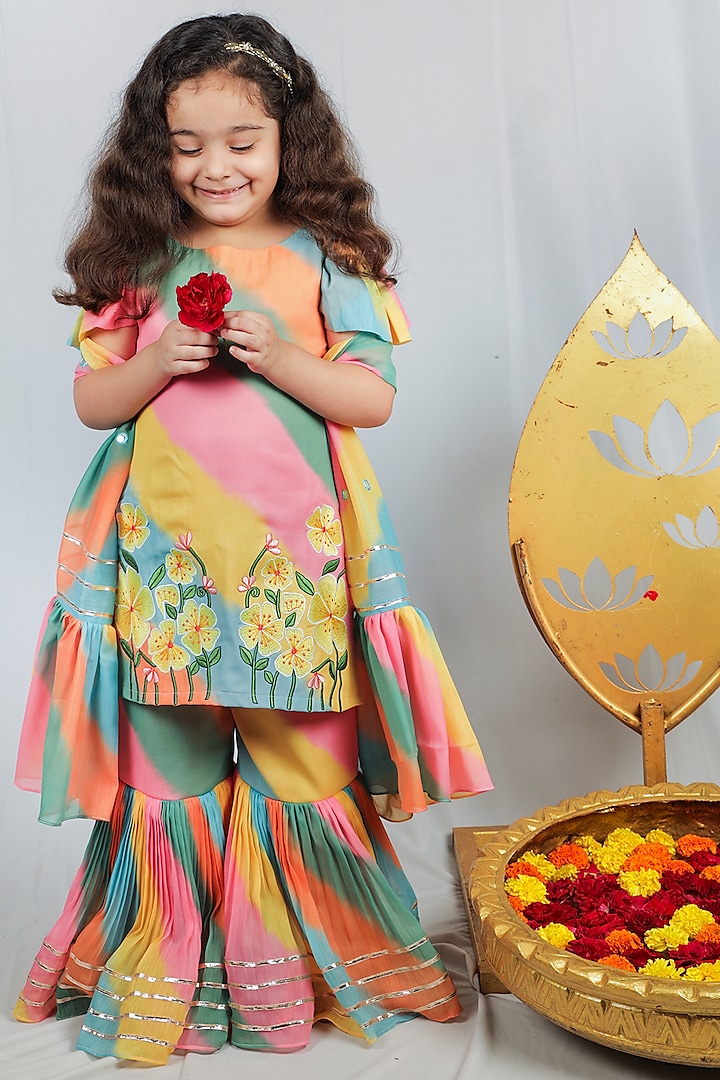 Multi-Colored Leheriya Printed Sharara Set For Girls by Vivedkids