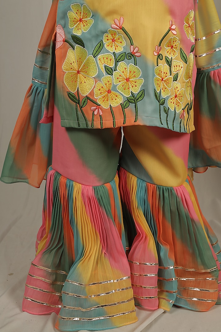 Multi-Colored Chiffon Leheriya Printed Sharara Set For Girls by Vivedkids at Pernia's Pop Up Shop