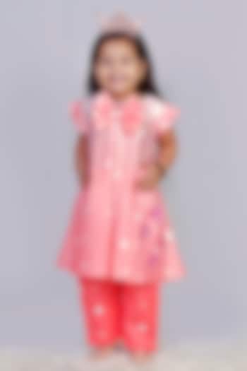 Peach Cotton Polka Dotted Angrakha Dress For Girls by Vivedkids