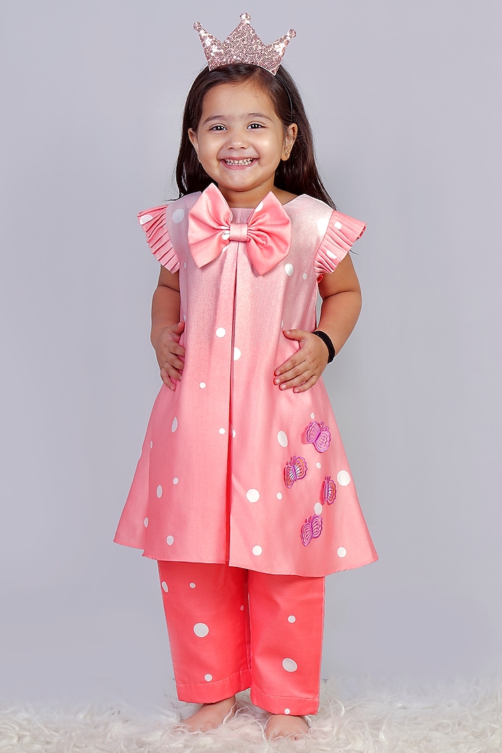 Peach Cotton Polka Dotted Angrakha Dress For Girls by Vivedkids